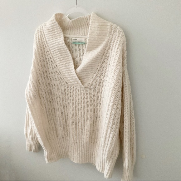 Anthropologie Pilcro Joyce Sweater 1X Chunky Wool Blend V Neck Minimalist Ivory - Picture 7 of 13